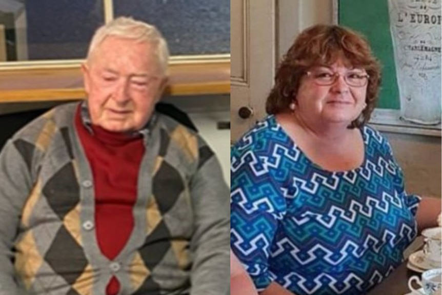 Two side by side photos of an elderly man and a woman.