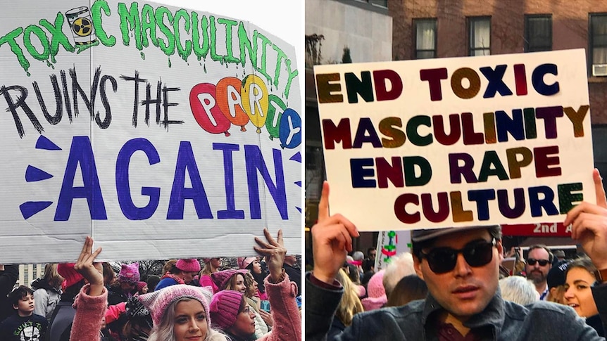 People at the Women's March carry signs referencing 'toxic masculinity'.