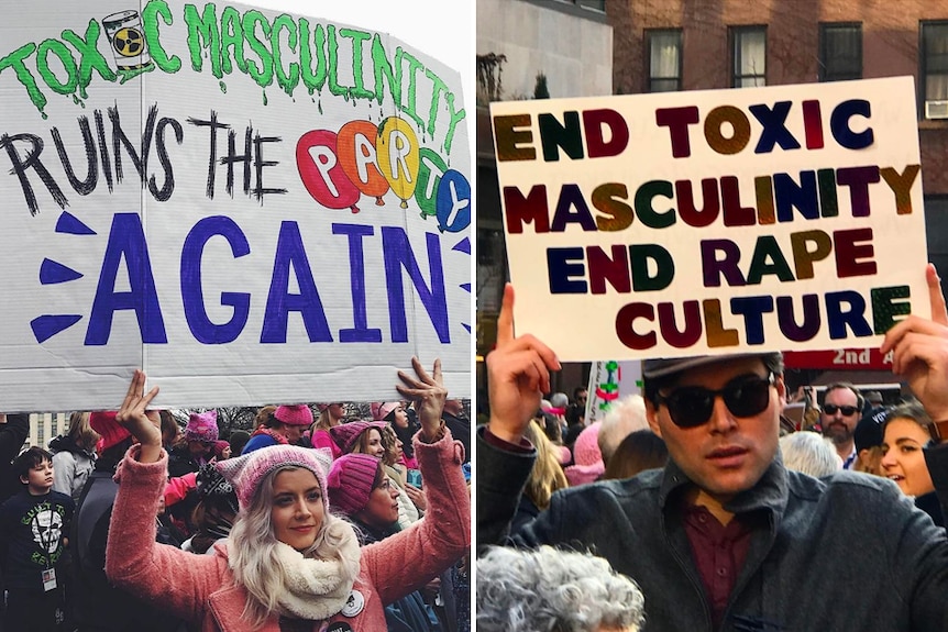 People at the Women's March carry signs referencing 'toxic masculinity'.