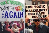 People at the Women's March carry signs referencing 'toxic masculinity'.