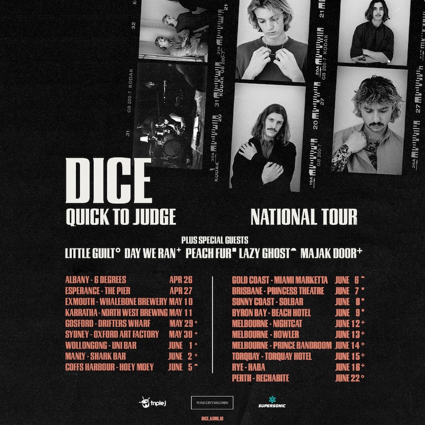 Poster for DICE's Australian tour with film negative photos of the band and details in black and peach coloured text