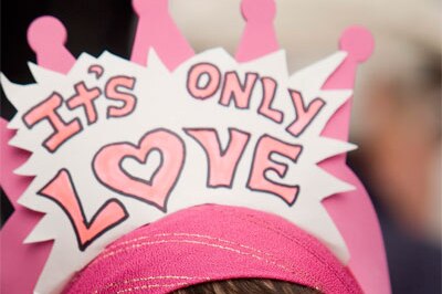 Slogan worn as headwear by a US supporter of gay marriage