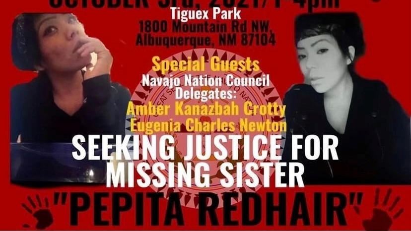 a red flyer advertising a rally to seek justice for pepita redhair featuring two photos of pepita