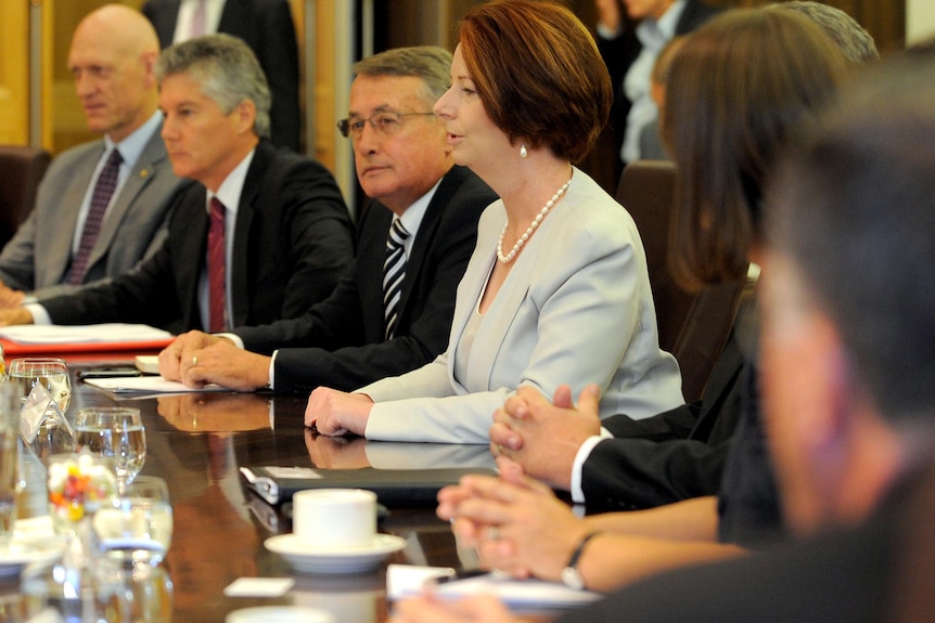 Prime Minister Julia Gillard speaks at a joint cabinet meeting with New Zealand cabinet ministers.