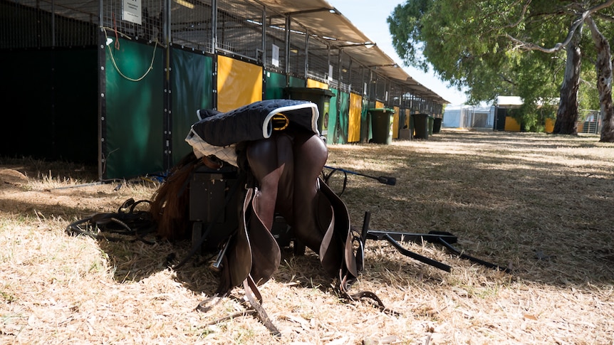 A saddle and rug outside stables of Gabrielle Pither and Parkiarrup Carnival in the  4Star section.