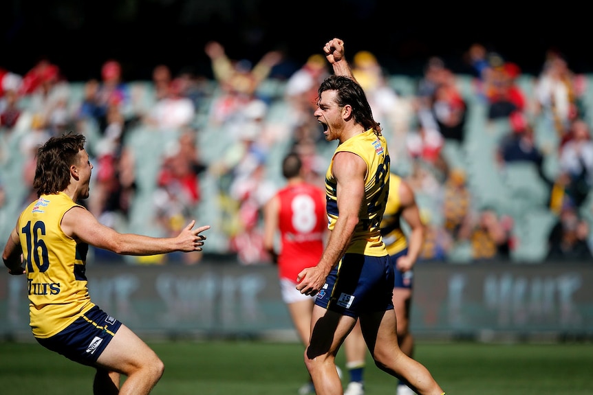 Two football players with mullet haircuts celebrate on an oval.