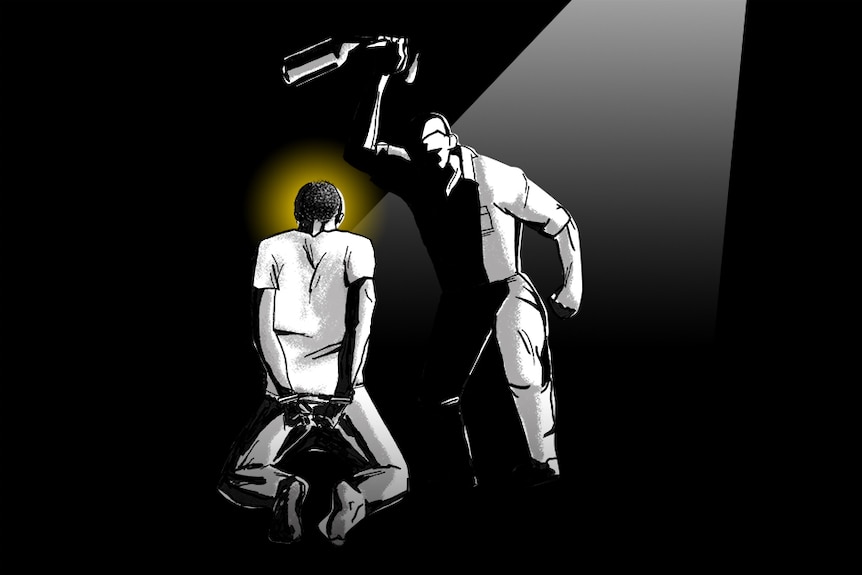 Dark illustration of man in handcuffs with another man standing over him with fist raised. Yellow light shining behind head.
