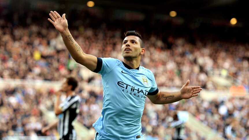 Sergio Aguero celebrates a goal for Manchester City