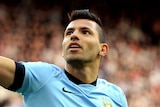 Sergio Aguero celebrates a goal for Manchester City