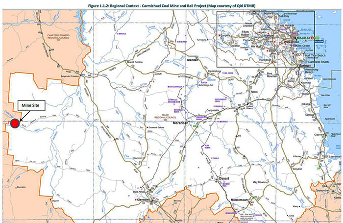 Map showing Carmichael Coal Mine and Rail Project in central Queensland.