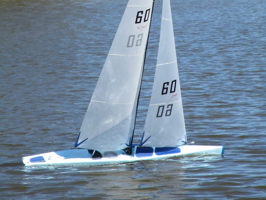 A remote-controlled yacht sails on water.