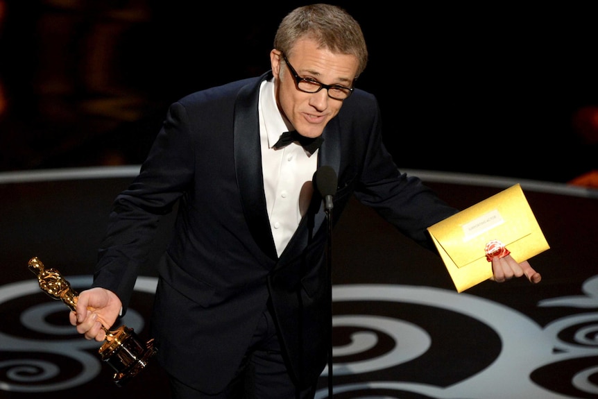 Christoph Waltz accepts his Best Supporting Actor Oscar.