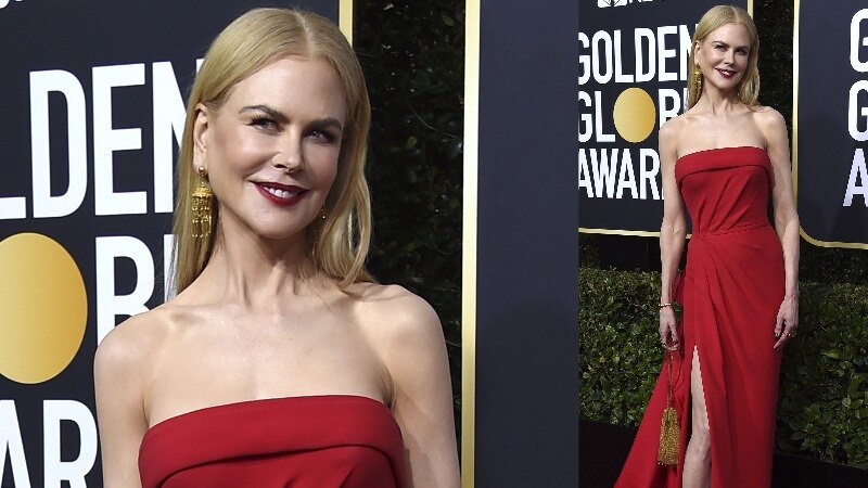 A composite image of Nicole Kidman wearing a floor-length red strapless gown with a thig split and a cinched waist.