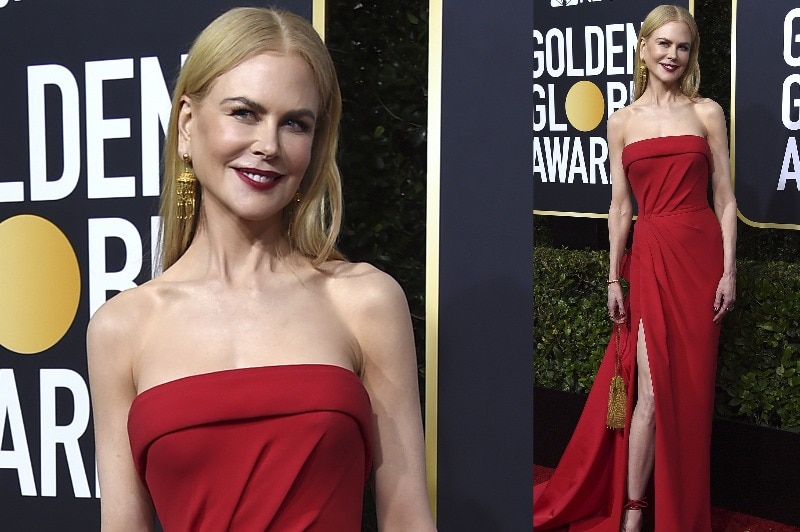 A composite image of Nicole Kidman wearing a floor-length red strapless gown with a thig split and a cinched waist.