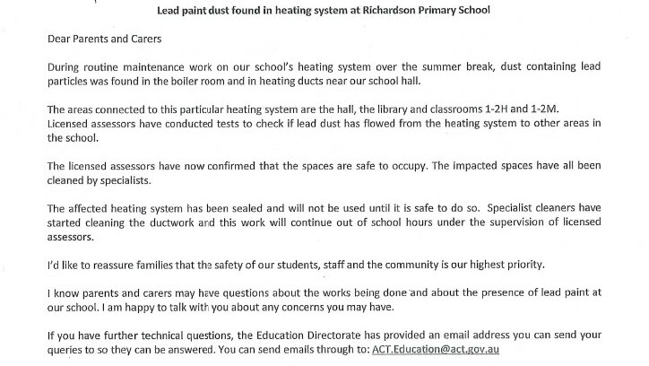 A letter from Richardson primary school's principal to parents warns them of the discovery of lead contamination at the school.
