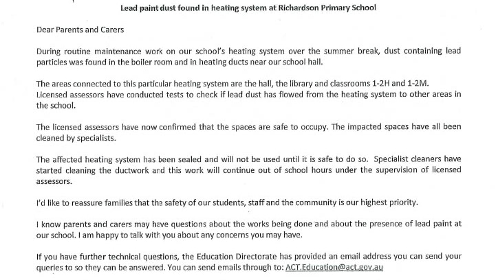 A letter from Richardson primary school's principal to parents warns them of the discovery of lead contamination at the school.