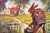 Vintage postcard of Easter bunny delivering eggs