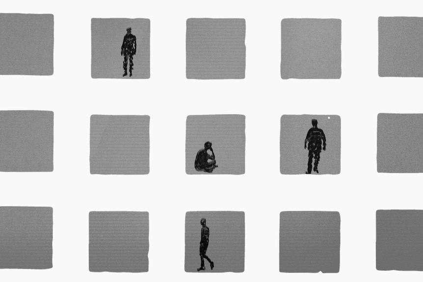 An array of grey squares. There are silhouettes of people are in some of them. Some are pacing, some sitting.