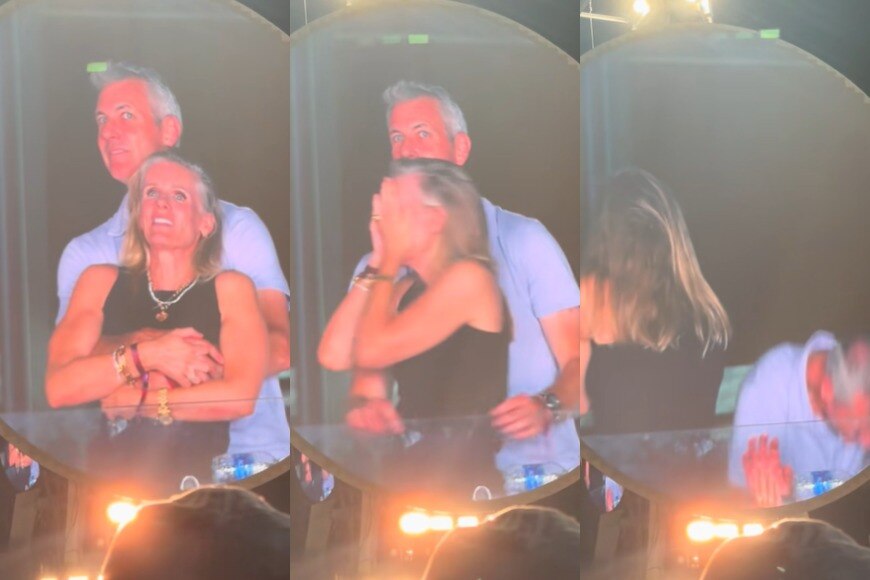 Three images showing a couple hugging, then the woman covering her face with embarrassment, then the man sinking out of shot