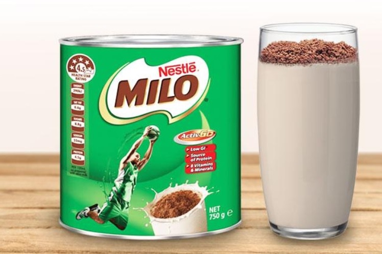 Generic image of a Milo tin and glass of Milo