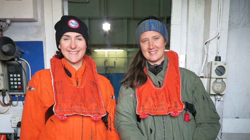 Researchers Bianca Sfiligoj (L) and Jessica Holan (R) onboard the Aurora Australis.