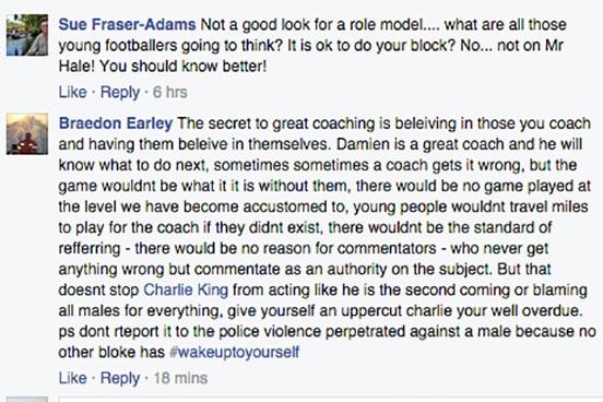 Facebook comments by Braedon Earley and Sue Fraser-Adams, about the Damian Hale window breaking incident.