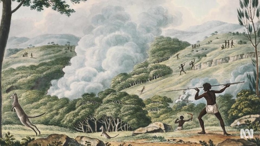 Landscape painting shows Aboriginal men throwing spears at kangaroos