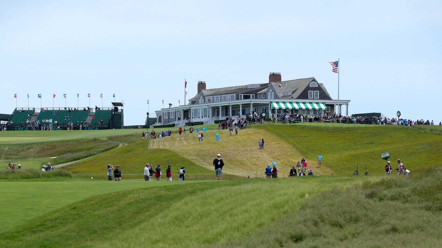 General view of the clubhouse as seen from off the 1st fairway of the 118th U.S. Open golf tournament at Shinnecock Hills