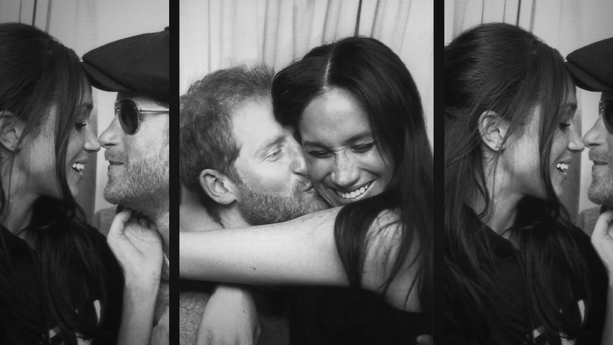 a composite image of Prince Harry and Meghan Markle in profile, in a photobooth kissing