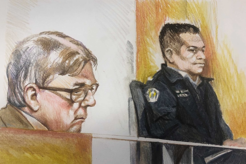 A sketch of George Pell in the foreground, with a security guard in the background looking at Pell.