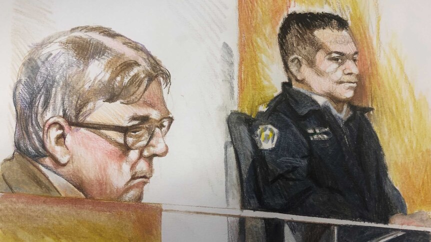 A sketch of George Pell in the foreground, with a security guard in the background looking at Pell.