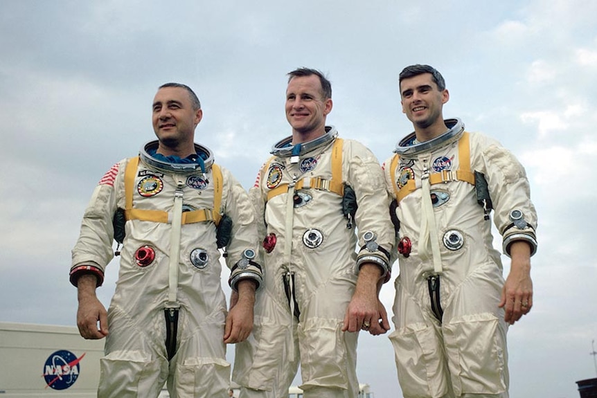 The three-man crew of Apollo 1, posing in their pace suits for a NASA photo.