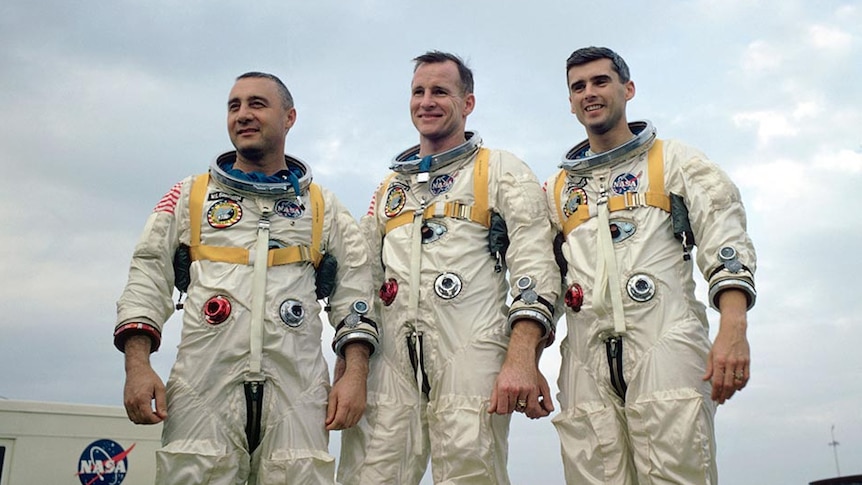The three-man crew of Apollo 1, posing in their pace suits for a NASA photo.