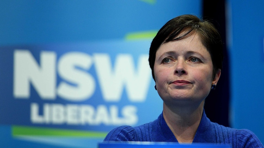 Tanya Davies looks at the camera while sitting in front of  NSW Liberal banner.