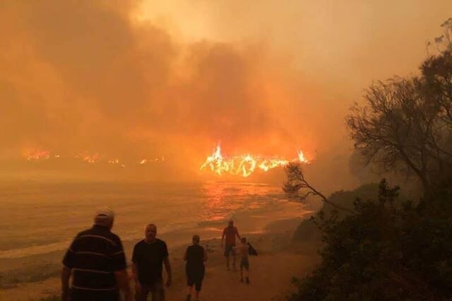 People on a beach as fire burns on the opposite shore