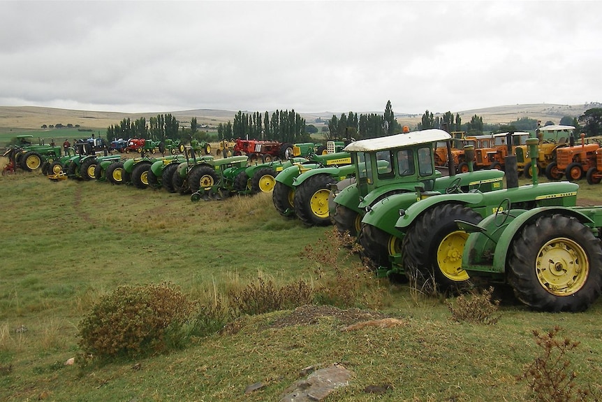 Enormous line up of collector Bill Shanley's tractors on his farm near Cooma NSW