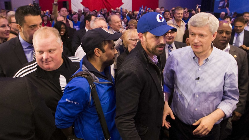 Stephen Harper and Rob Ford at election rally in Toronto