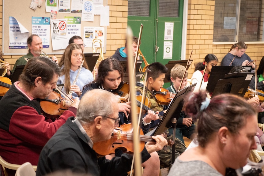 Children and adults play side by side in an orchestra. 