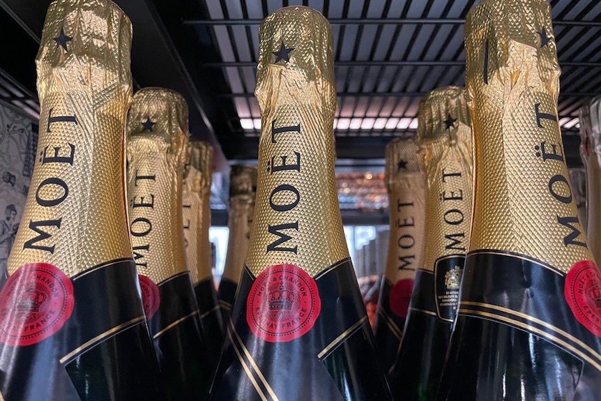 Bottles of moet with golden labels on a shelf in a store