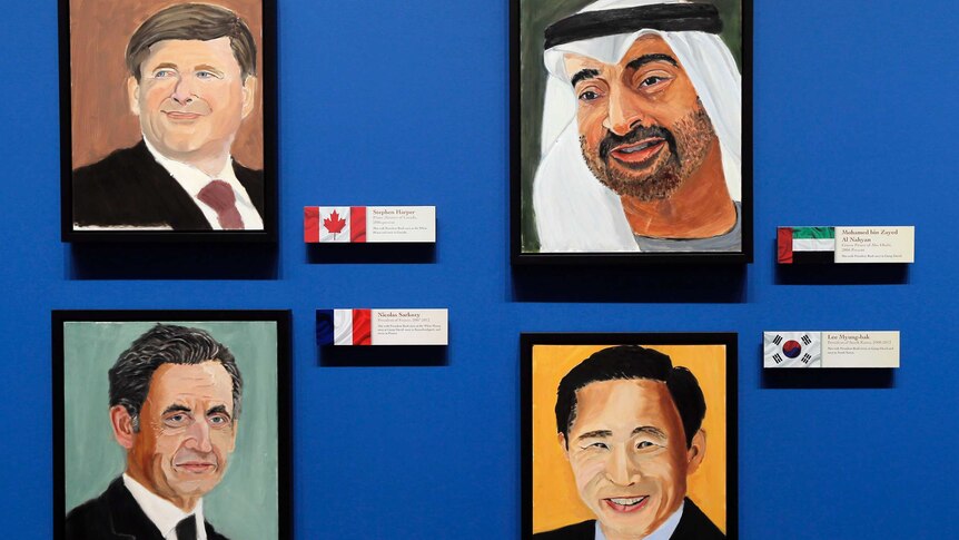 Portraits of Stephen Harper, Mohamed bin Zayed Al Nahyan, Nicolas Sarkozy and Lee Myung-bak.
