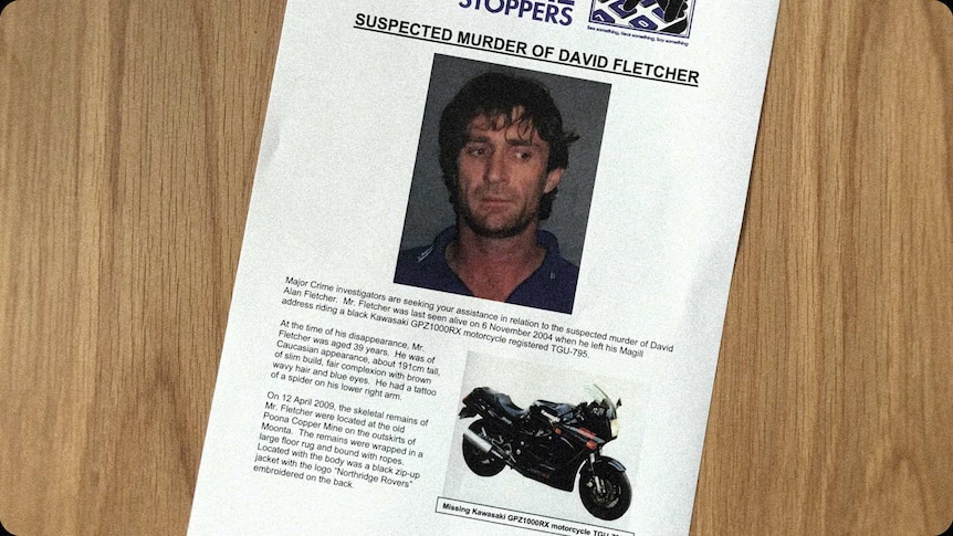 Flyer with Crime Stoppers masthead titled Suspected Murder of David Fletcher, a photo of David and details about the case.
