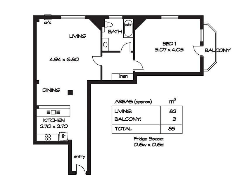 A floor plan for a one bedroom apartment