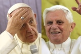 A composite image of two popes, both wearing a white gown and cap.