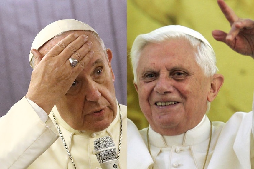 A composite image of two popes, both wearing a white gown and cap.