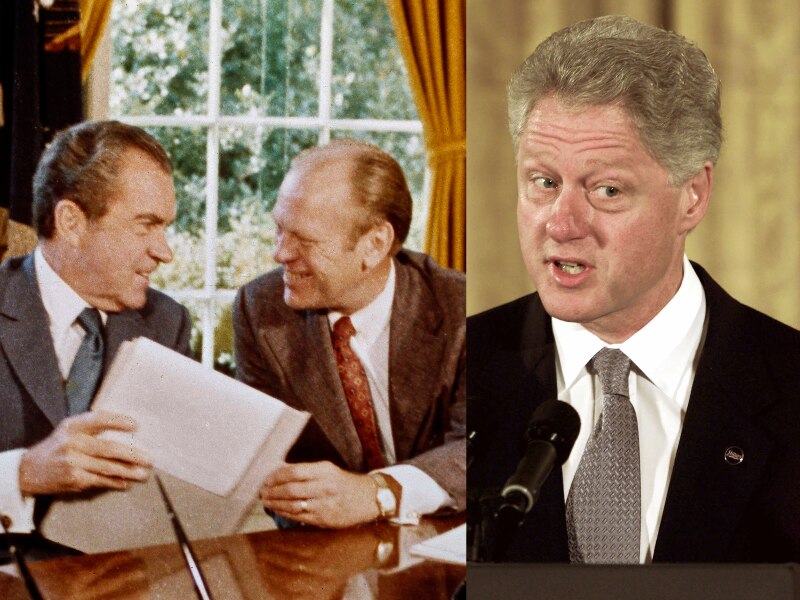 Richard Nixon and Gerald Ford smile at each other as they hold a document, Bill Clinton makes a speech