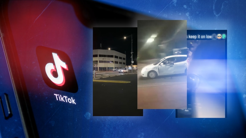 A graphic showing the TikTok logo and three separte screenshots from social media videos showing cars hooning.