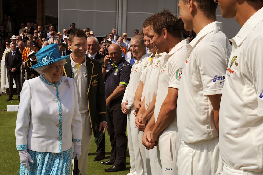 Queen Elizabeth speaks to Australian Test cricketers at the Ashes, including Ryan Harris and Michael Clarke.