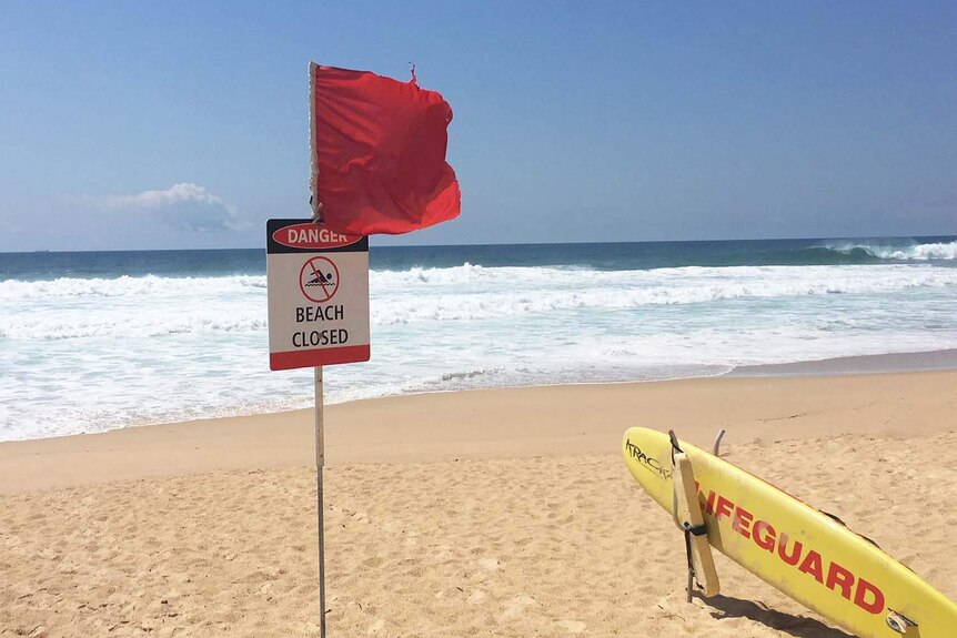 Beach closed sign with red flag on Buddina Beach on Queensland's Sunshine Coast on February 16, 2018