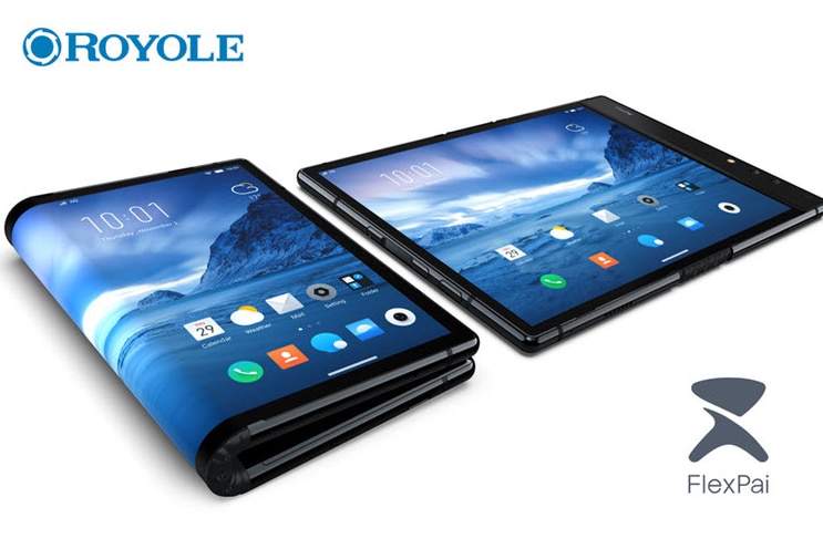 A tablet folded over itself like a piece of paper next to a regular, flat tablet.
