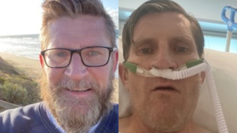 A composite image shows Richard smiling at the beach on the left and in hospital on oxygen supply on the right.